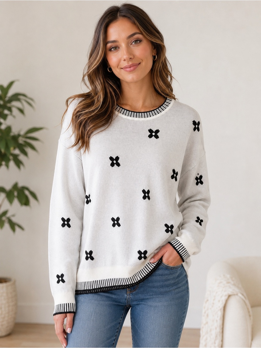 ZEAGOO Women’s Gray Black & White Floral Knit Sweater Size Medium